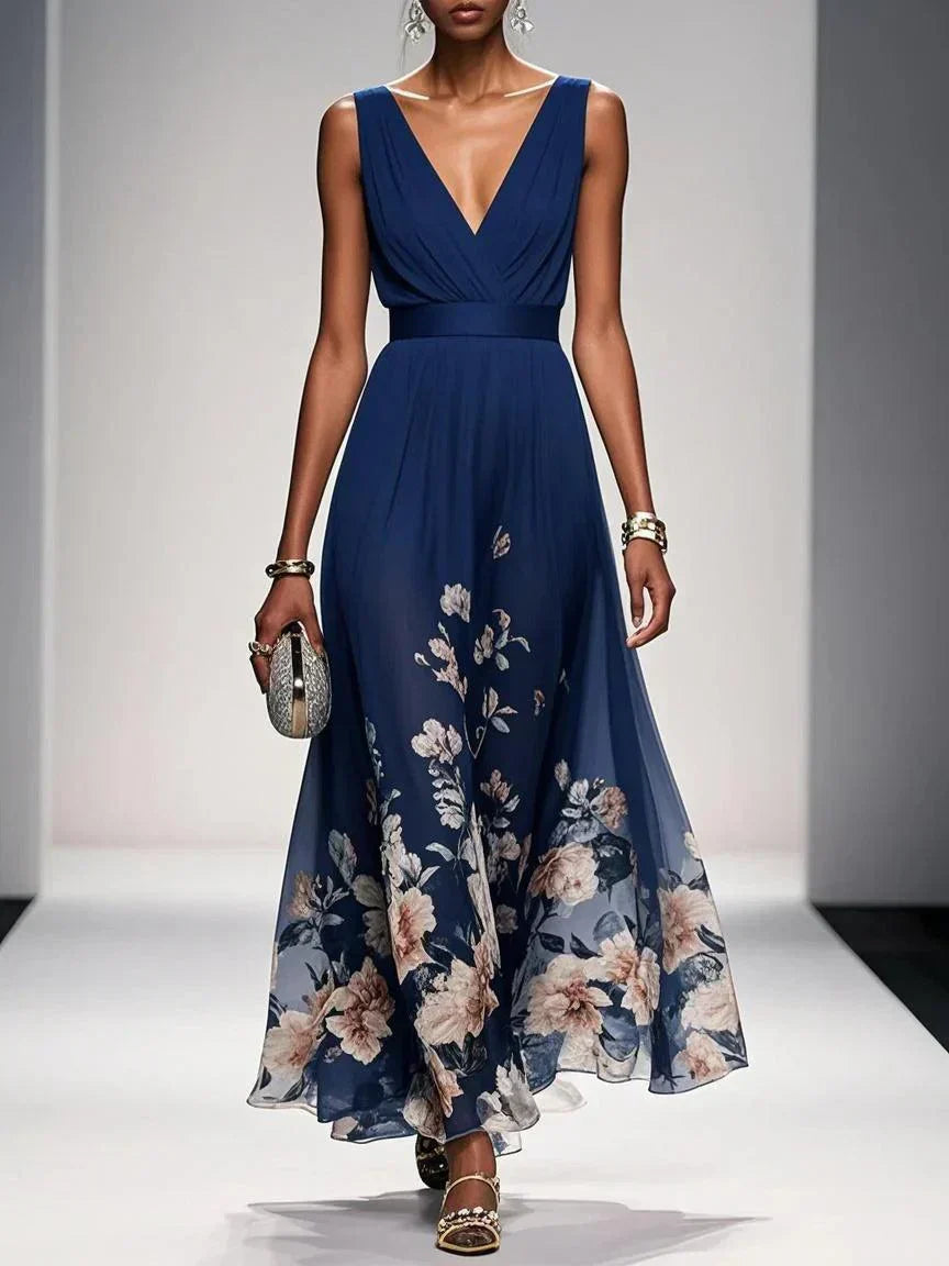 Women Flowing Warm Formal Flower Print Wedding Guest Dress with Deep V-style Neckline