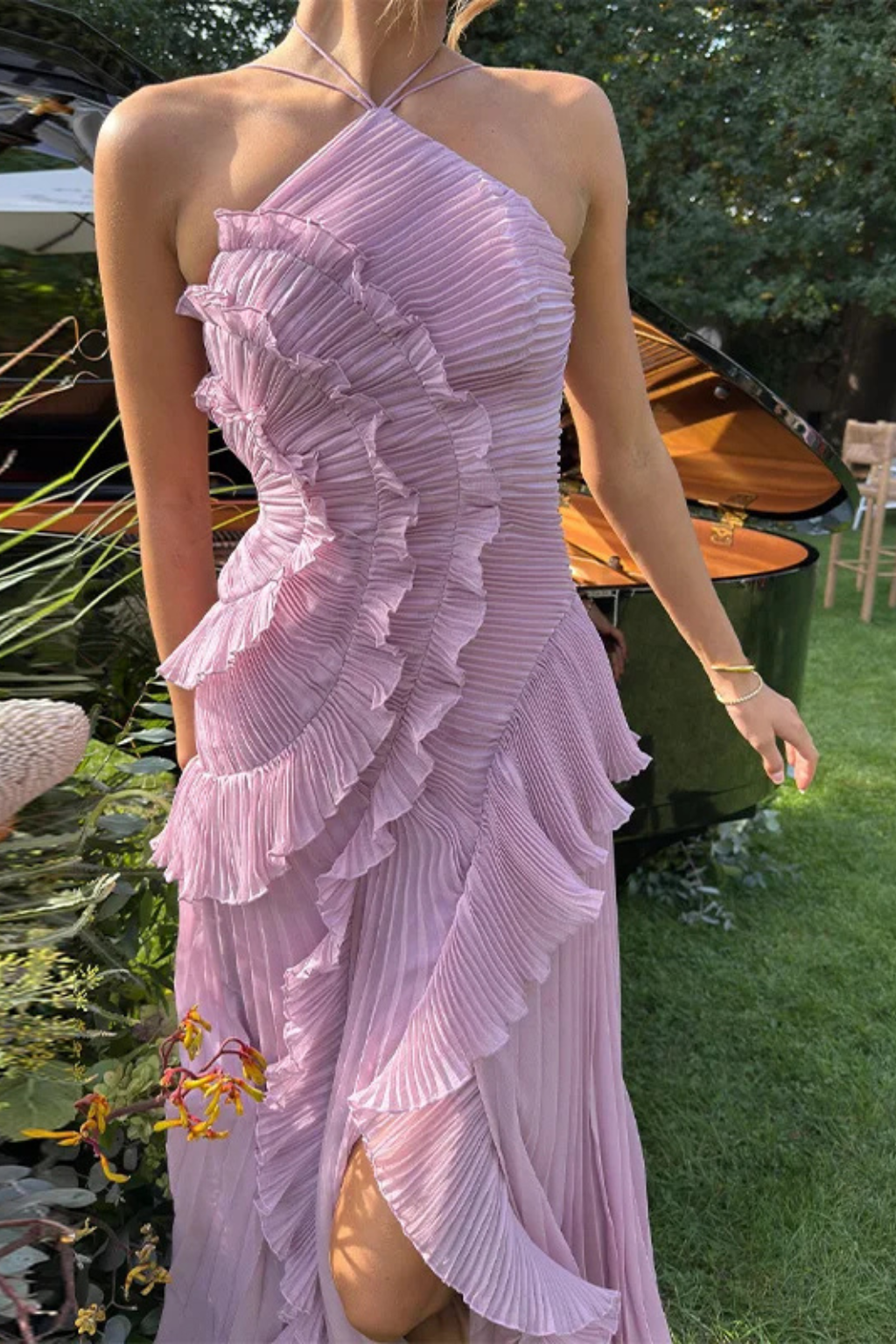 Women’s Sleeveless Halter Backless Ruffled Maxi Summer Wedding Guest Dress