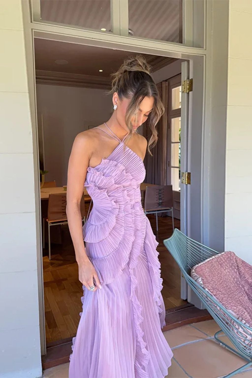 Women’s Sleeveless Halter Backless Ruffled Maxi Summer Wedding Guest Dress