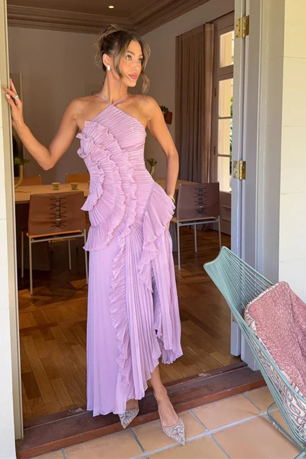 Women’s Sleeveless Halter Backless Ruffled Maxi Summer Wedding Guest Dress