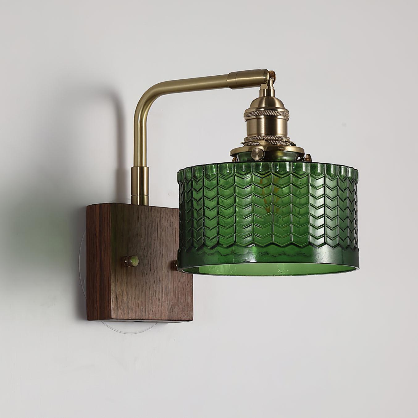 Elegant Green Wall Lamp with Wooden Base & Glass Shade