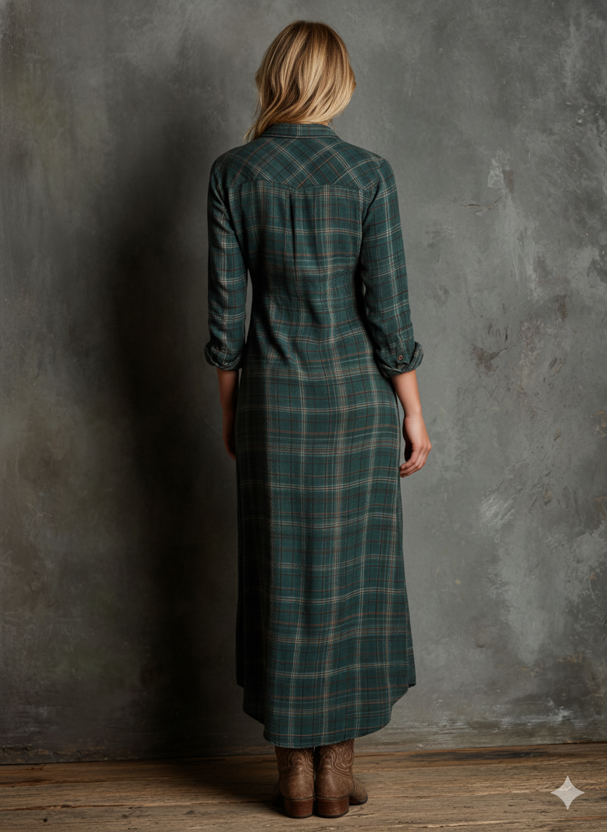 Women's Plaid Lapel Single-Breasted Shirt Maxi Dress