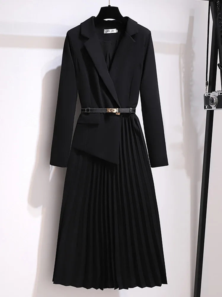 Sophisticated Flowing Pleated A-Line Belted Midi Dress for Women