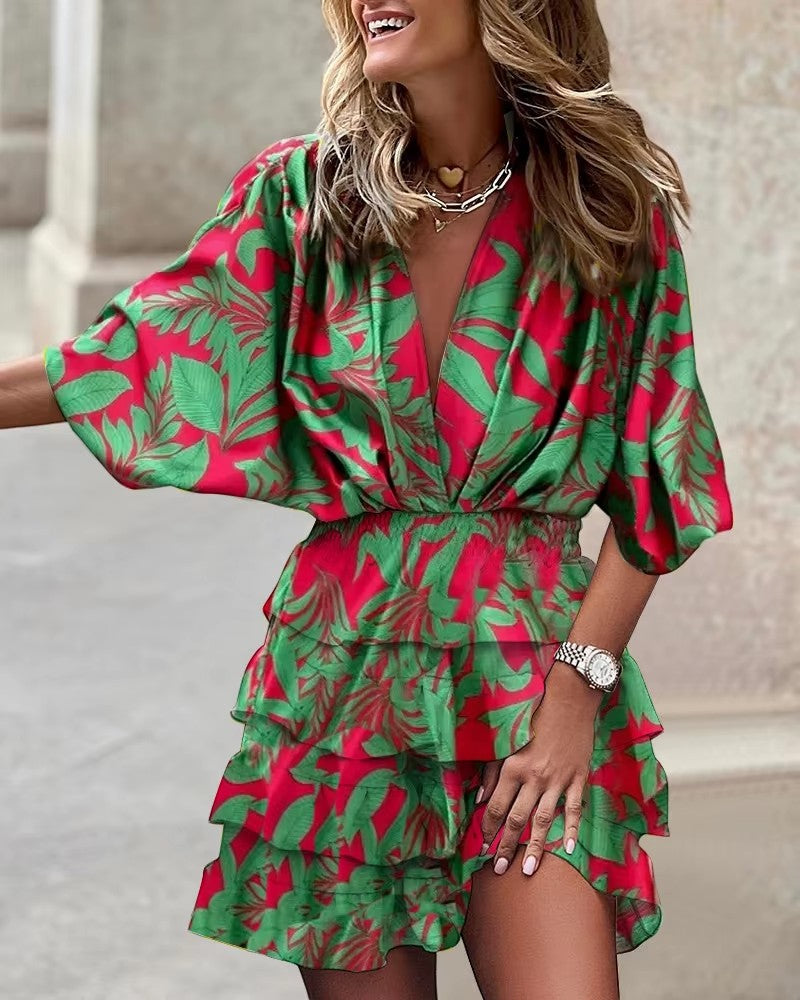 Women’s Floral Wrap Mini Dress Ruffle Summer Dress