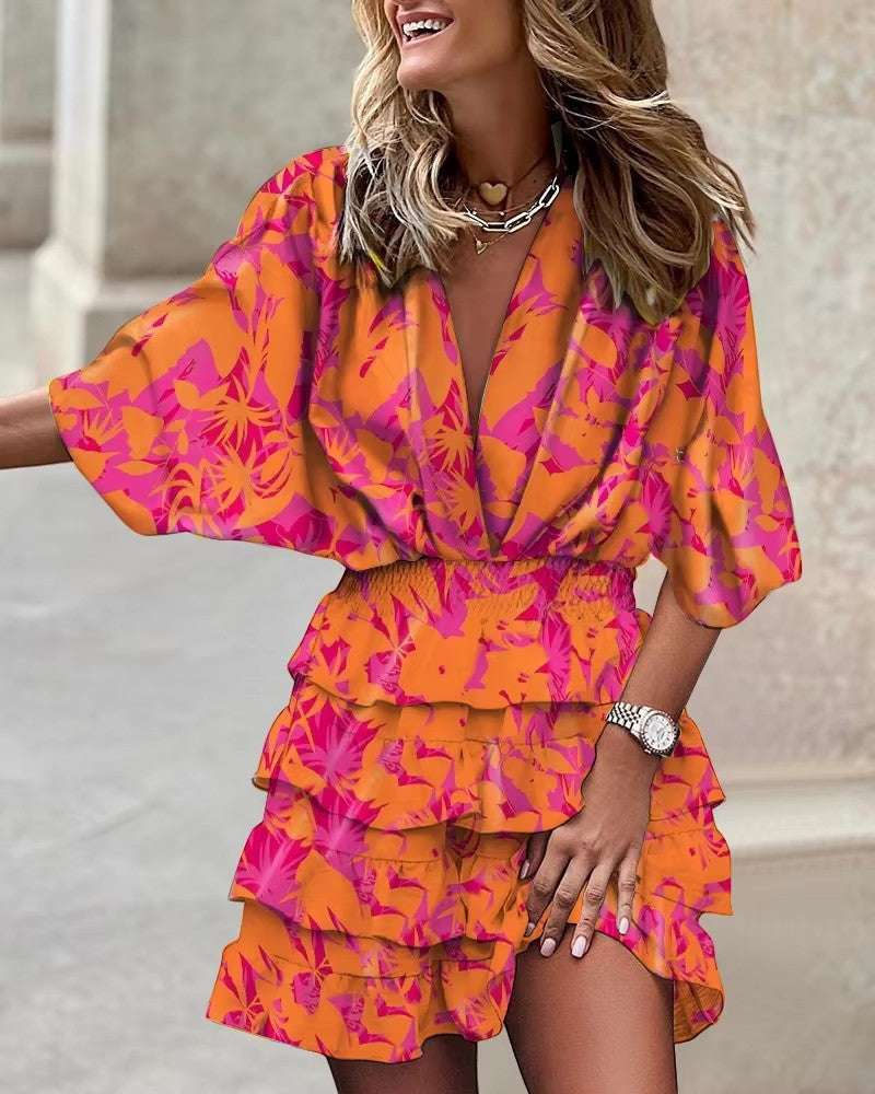 Women’s Floral Wrap Mini Dress Ruffle Summer Dress