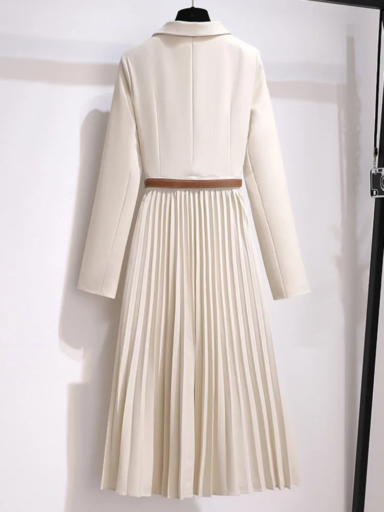 Sophisticated Flowing Pleated A-Line Belted Midi Dress for Women
