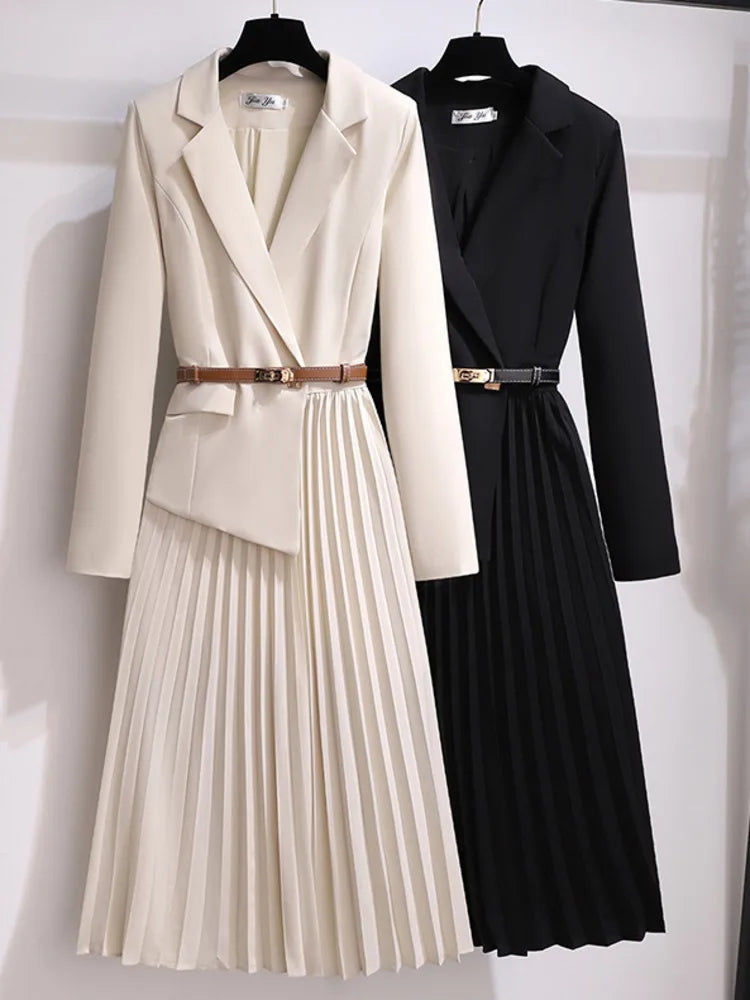Sophisticated Flowing Pleated A-Line Belted Midi Dress for Women