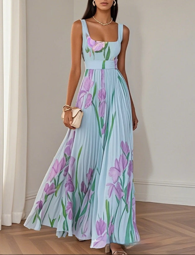 women wearing blue floral chiffon maxi dress elegant long dress