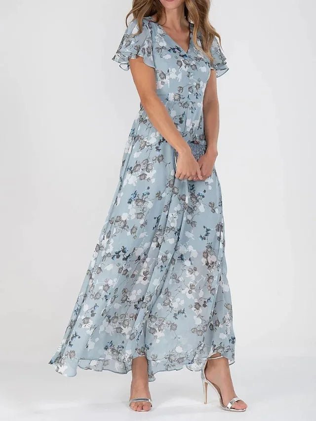 women wearing blue floral tummy covering maxi dress flowy