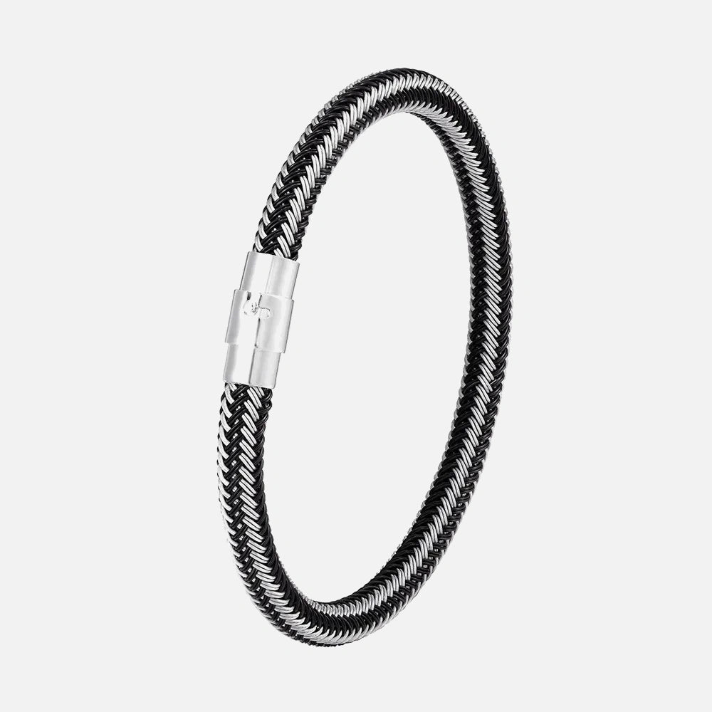 Black braided wire bracelet with stainless steel magnetic buckle on a white background