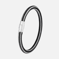 Black braided wire bracelet with stainless steel magnetic buckle on a white background