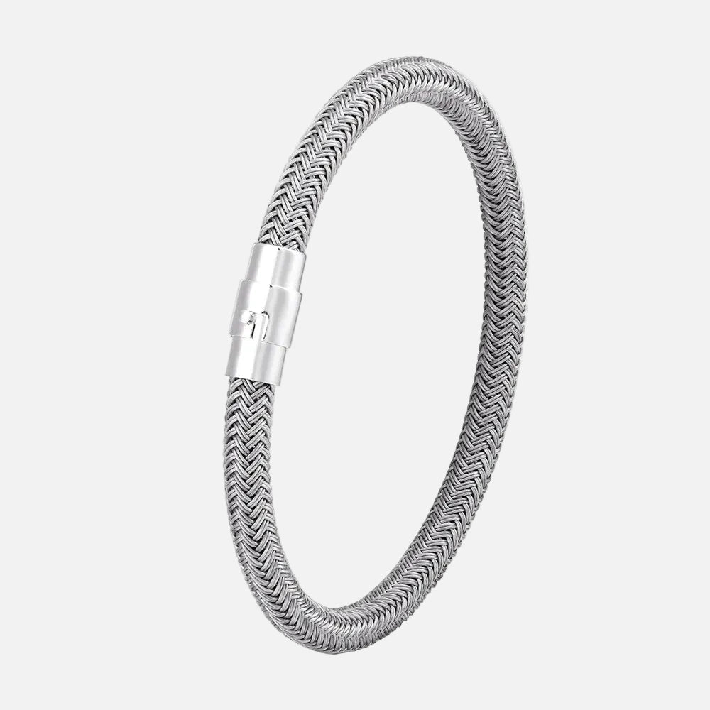 Silver braided bracelet with a clasp on a white background