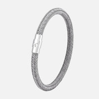 Silver braided bracelet with a clasp on a white background