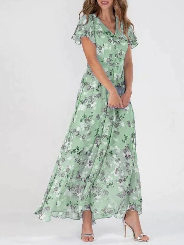 women wearing green floral tummy covering maxi dress loose fit