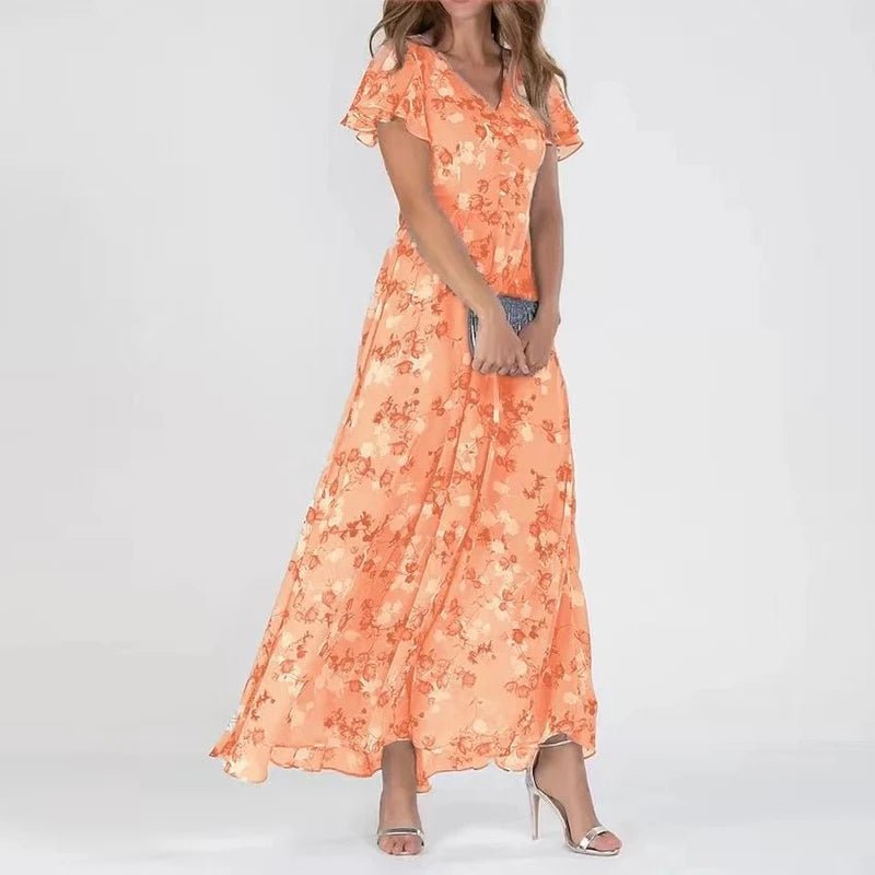 women wearing orange floral tummy covering maxi dress summer