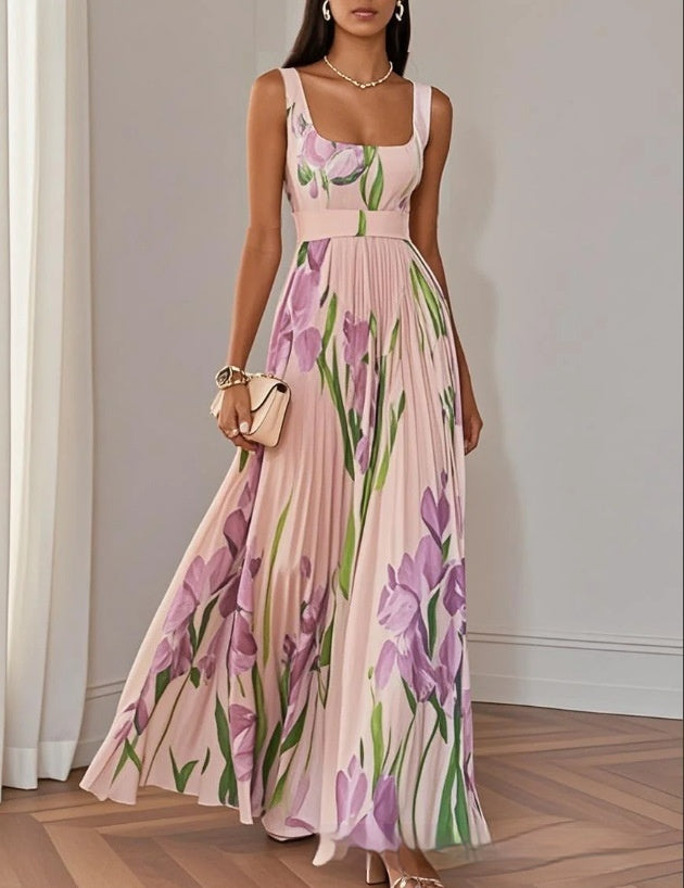 women wearing pink floral chiffon maxi dress flowy summer