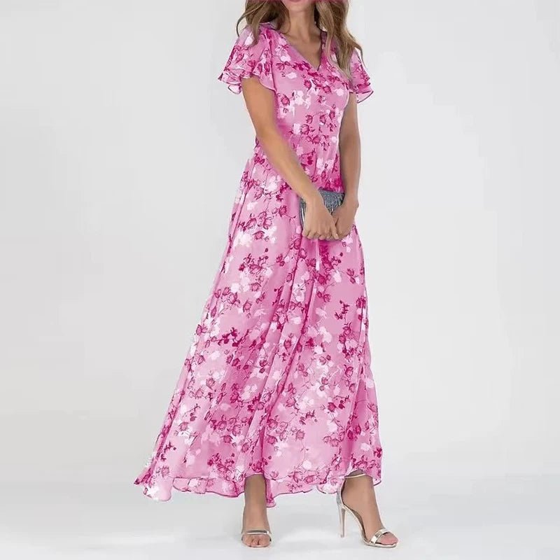 women wearing pink floral tummy covering maxi dress summer