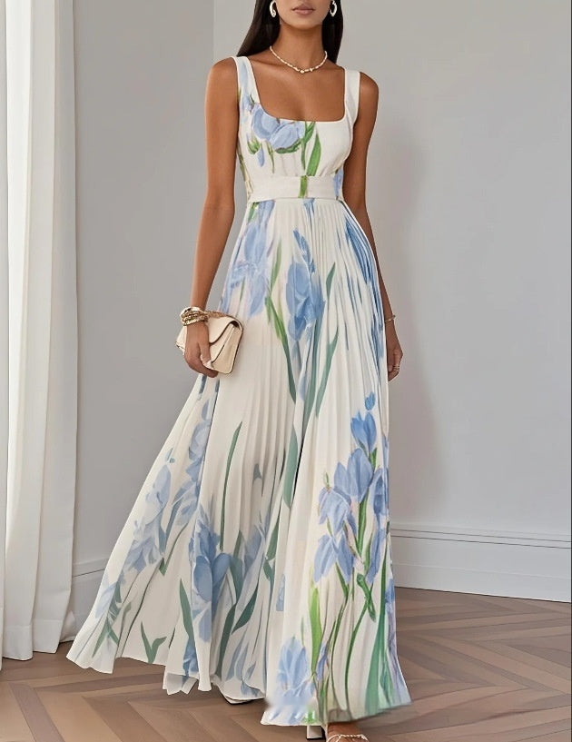 women wearing white blue floral chiffon maxi dress summer outfit