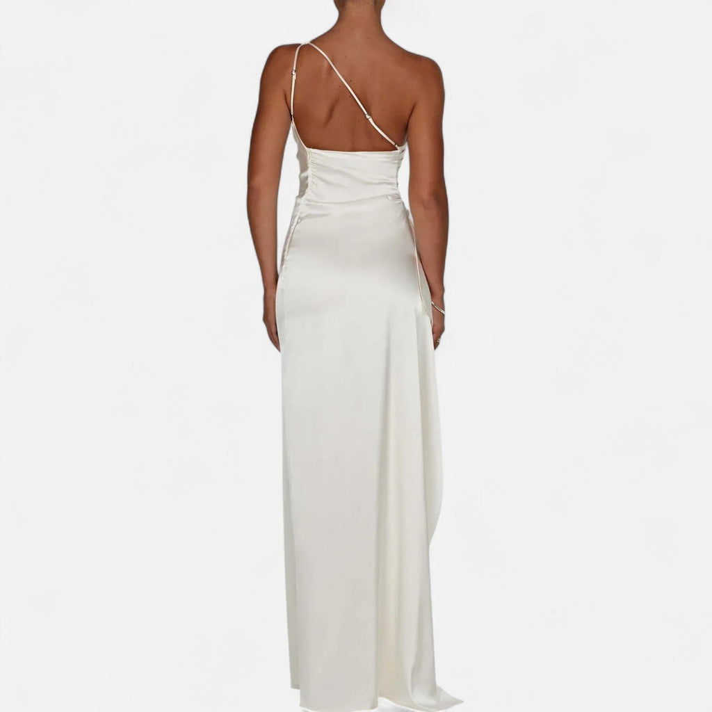 Asymetryczna długa sukienka damska – rzeźbiąca sylwetkę, naturalny ruch