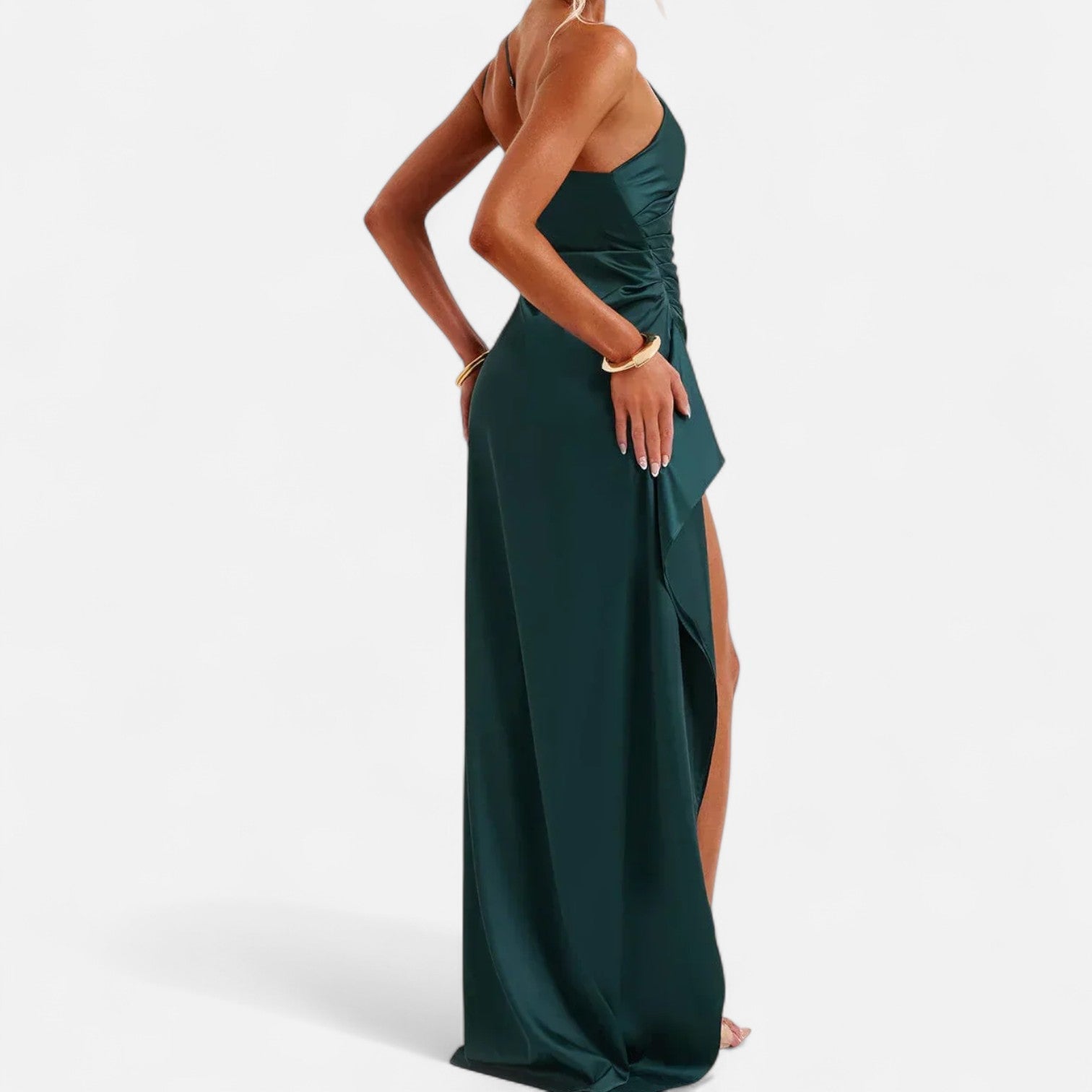 Asymetryczna długa sukienka damska – rzeźbiąca sylwetkę, naturalny ruch